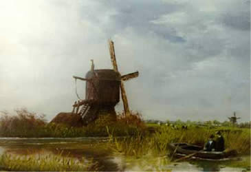 Dutch windmill and fishermen | Oil on canvas - 9 x 12 inch