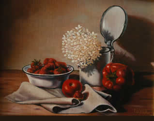 Still life in red and white | Oil on canvas - 5 x 7 inch