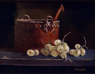 Still life with grapes-and-metal-po | Oil on canvas - 5 x 7 inch